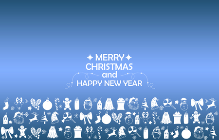 New Year 2019 background with figures, Christmas toys, candy, Santa, candle on blue gradient background. New Year 2019 composition. Flat lay, top view of New Year 2019 festive still life.の写真素材
