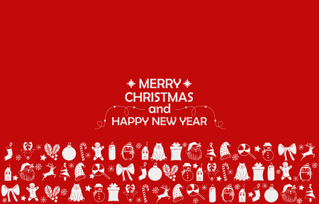 New Year 2019 background with figures, Christmas toys, candy, Santa, candle on red background. New Year 2019 composition. Flat lay, top view of New Year 2019 festive still life.の写真素材