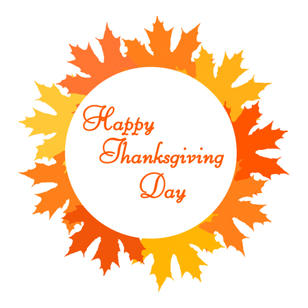 Happy Thanksgiving calligraphy brush lettering. Wreath of colorful autumn leaves illustration. Thanksgiving Day postcard or sign.の写真素材