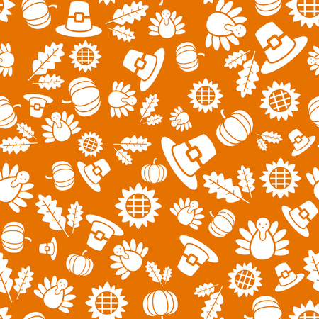 Autumnal Thanksgiving orange seamless pattern with turkeys, pumpkin, leaves illustration.の写真素材