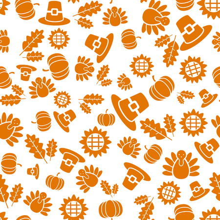 Autumnal Thanksgiving orange and white seamless pattern with turkeys, pumpkin, leaves illustration.の写真素材