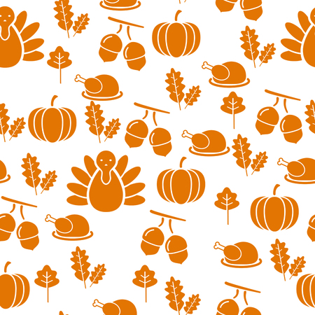 Autumnal Thanksgiving orange and white seamless pattern with turkeys, pumpkin, leaves illustrationの写真素材
