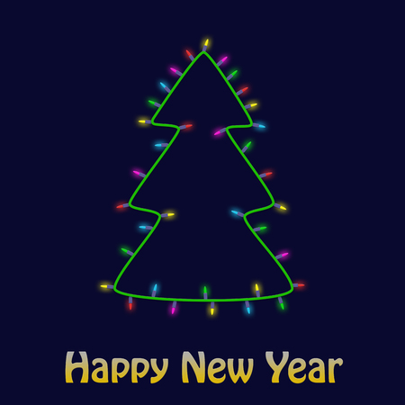Colorful Christmas tree made of light bulb garland new year greeting card background. Hapy New Year.の写真素材