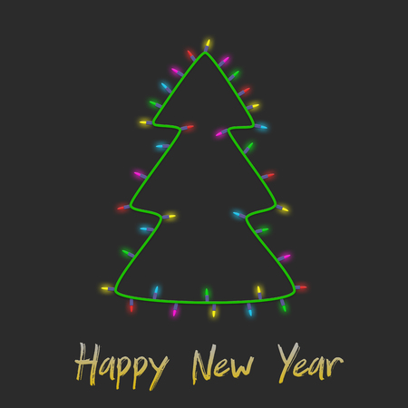 Colorful Christmas tree made of light bulb garland new year greeting card background. Hapy New Year.の写真素材