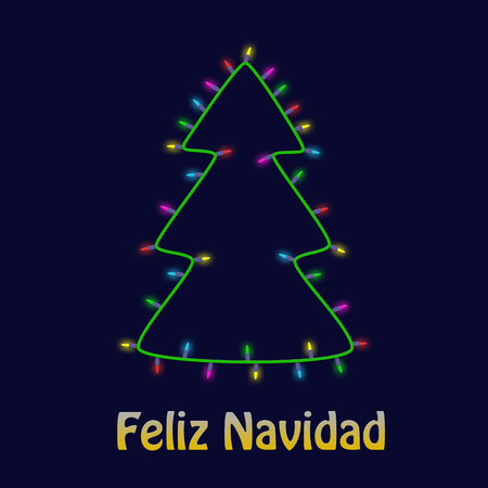 Colorful Christmas tree made of light bulb garland new year greeting card background. Feliz navidad.の写真素材