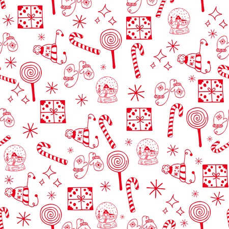 Seamless Christmas pattern red objects on white backgroundの写真素材