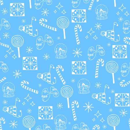 Seamless Christmas pattern white objects on blue background.の写真素材