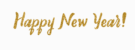 Happy new year card. Hand drawn glitter modern calligraphy. Ink illustration. Happy holidays poster. Banner with hand drawn words. Isolated on white background.の写真素材