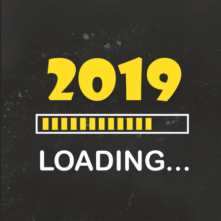 Happy new year 2019 with loading icon neon style. Progress bar almost reaching new year's eve. illustration with 2019 loading. Isolated or dark gray black background.の写真素材