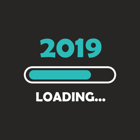 Happy new year 2019 with loading icon neon style. Progress bar almost reaching new year's eve. illustration with 2019 loading. Isolated or dark gray black background.の写真素材