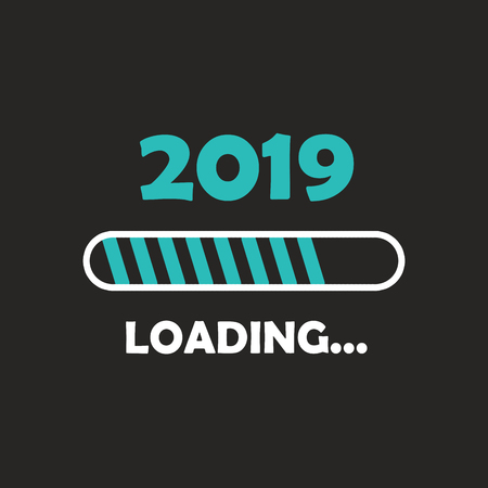 Happy new year 2019 with loading icon neon style. Progress bar almost reaching new year's eve. illustration with 2019 loading. Isolated or dark gray black background.の写真素材