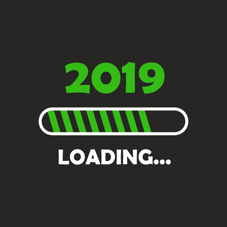 Happy new year 2019 with loading icon neon style. Progress bar almost reaching new year's eve. illustration with 2019 loading. Isolated or dark gray black background.の写真素材