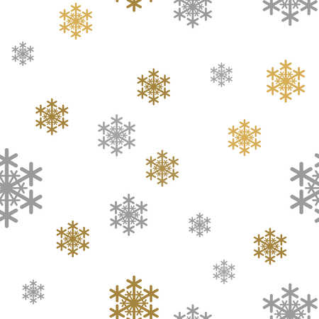 Seamless pattern gold gray Snow Falling on white Background with Merry Christmass. Golden Gray Snowflakes. Background for your Christmas and New Year Design of Banners, Cards, Posters, Wallpaper.の写真素材