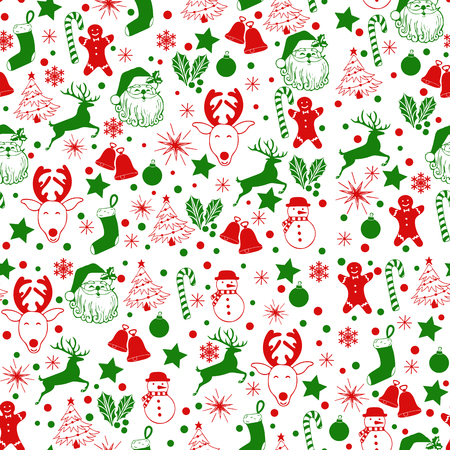 Christmas seamless green and red pattern on white background with deer, snowman, candy, sock, star, snowflake holiday icons, New Year celebration elements. Design for fashion print, wrapping.の写真素材