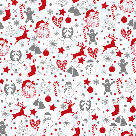 Christmas seamless gray silver and red pattern on white background with deer, snowman, candy, sock, star, snowflake holiday icons, New Year celebration elements. Design for fashion print, wrapping.の写真素材