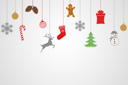 Merry Christmas and Happy New Year greeting card design template layout on white background with hanging toy, sock, gift, feer, snowflake, candy, tree, snowman, gingerbread.の写真素材