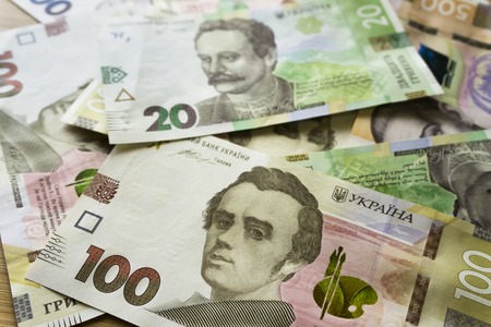 Close up vie of ukrainian money 100, 20 grivnia for design and creative projectsの写真素材