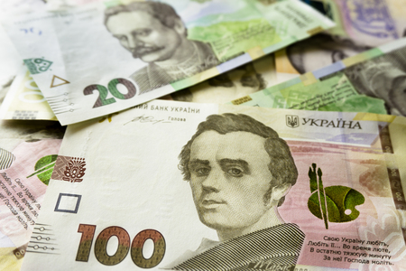 Close up vie of ukrainian money 100, 20 grivnia for design and creative projectsの写真素材