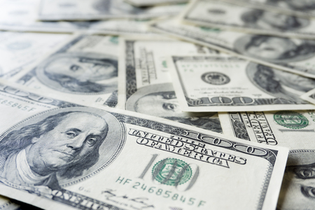 Pile of old one hundred dollar bills bills, close up dollarsの写真素材