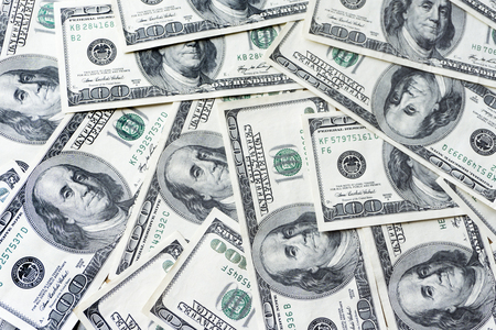 Pile of old one hundred dollar bills bills, close up dollarsの写真素材