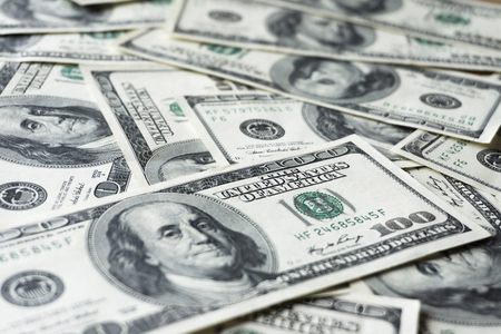 Pile of old one hundred dollar bills bills, close up dollarsの写真素材