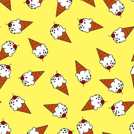 Ice cream cone on yellow background seamless pattern for wrappingの写真素材