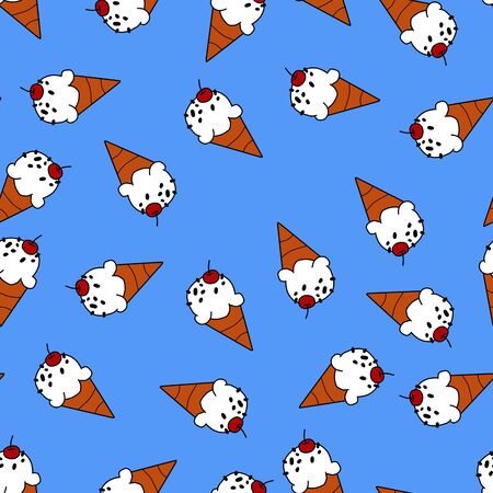 Ice cream cone on blue background seamless pattern for wrappingの写真素材