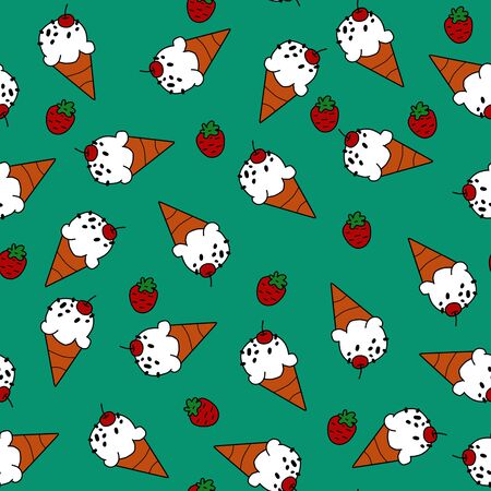 Ice cream cone and red strawberry on blue background seamless pattern for wrappingの写真素材
