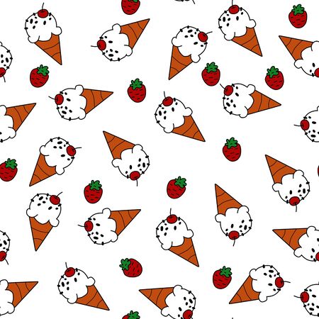 Ice cream cone and red strawberry on white background seamless pattern for wrappingの写真素材