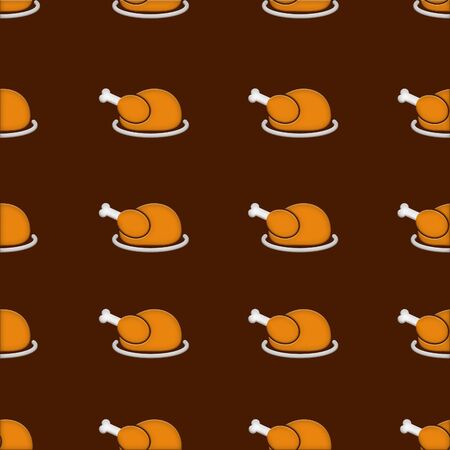 Thanksgiving autumnal seamless pattern with roasted turkeys on a plate, brown backgroundの写真素材