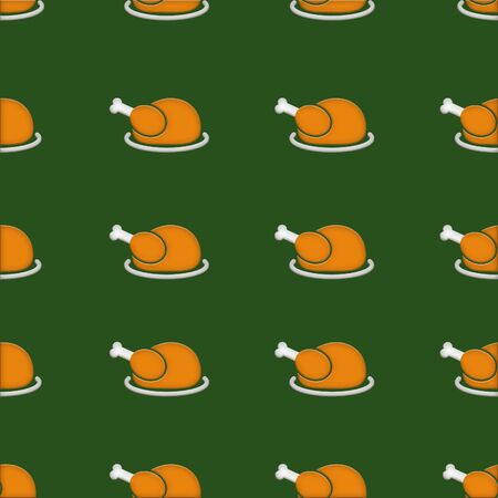 Thanksgiving autumnal seamless pattern with roasted turkeys on a plate, green backgroundの写真素材