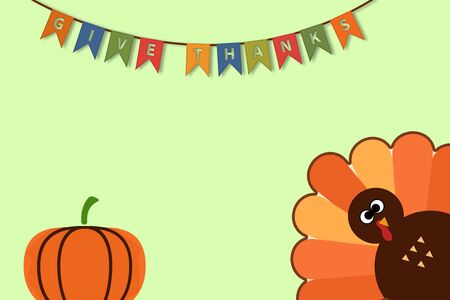 Happy Thanksgiving text Cartoon Turkey on green background Thanksgiving poster with hanging give thanks text and pumpkin.の写真素材