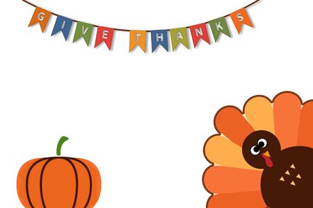 Happy Thanksgiving text Cartoon Turkey on white background Thanksgiving poster with hanging give thanks text and pumpkin.の写真素材