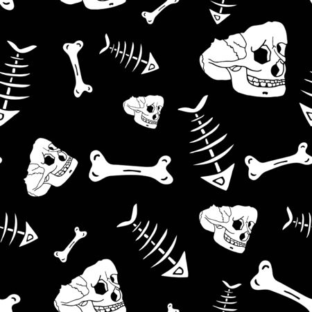 Seamless pattern made of skulls and bones in engravig style on black background. Halloween patternの写真素材