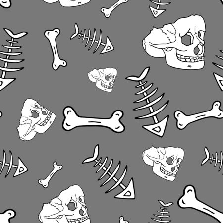 Seamless pattern made of skulls and bones in engravig style on gray background. Halloween patternの写真素材