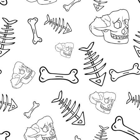 Seamless pattern made of skulls and bones in engravig style on white background. Halloween patternの写真素材