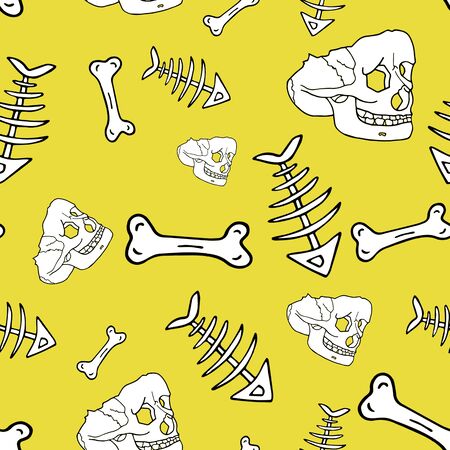 Seamless pattern made of skulls and bones in engravig style on yellow background. Halloween patternの写真素材