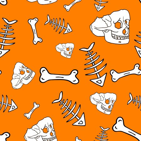 Seamless pattern made of skulls and bones in engravig style on orange background. Halloween patternの写真素材