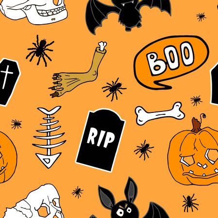 Halloween festive seamless pattern. Orange endless background with pumpkins, skulls, bats, spiders, bones, and speech bubble with booの写真素材
