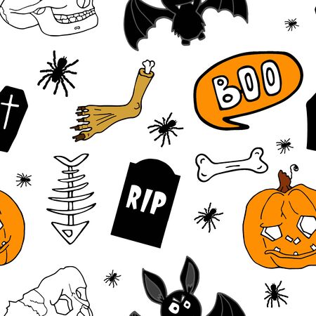 Halloween festive seamless pattern. White endless background with pumpkins, skulls, bats, spiders, bones, and speech bubble with booの写真素材