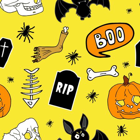 Halloween festive seamless pattern. Yellow endless background with pumpkins, skulls, bats, spiders, bones, and speech bubble with booの写真素材