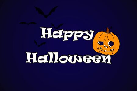 Happy halloween text on card with pumpkin and bats. illustration on dark blue backgroundの写真素材