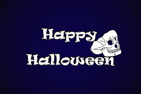 Happy halloween text on card with pumpkin and skull. illustration on dark blue background.の写真素材