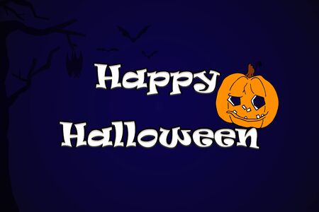 Happy halloween text on card with pumpkin, tree and bats. illustration on dark blue backgroundの写真素材