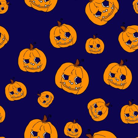 Pumpkin seamless pattern on dark blue background. Orange pumpkin background for Harvest festival or Thanksgiving day. Halloween orange repeating printの写真素材