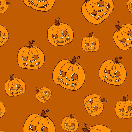 Pumpkin seamless pattern on orange background. Orange pumpkin background for Harvest festival or Thanksgiving day. Halloween orange repeating printの写真素材