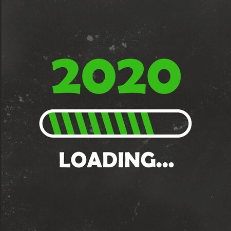 Happy new year 2020 with loading icon neon style. Progress green bar almost reaching new years eve on dark gray black backgroundの写真素材