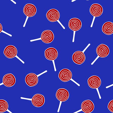 Red and white swirl lollipop seamless pattern poster, flat style. illustration for happy birthday, new year, Christmas greeting card, invitation. Fabric print design blue backgroundの写真素材