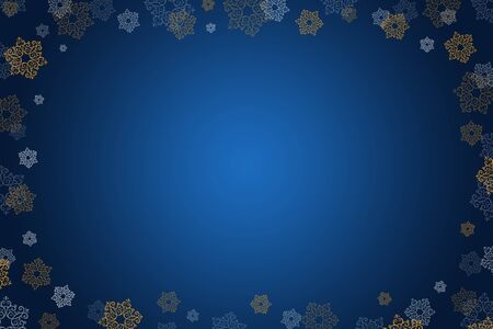 Christmas gradient Background With Frame Of golden, white Snowflakes. Decorative Frame of snowflakes on the blue backgroundの写真素材