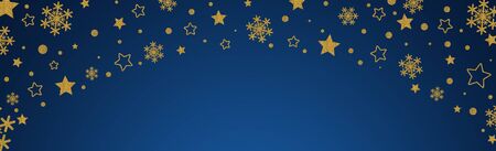 Blue Christmas banner with golden glittering golden snowflakes and stars. Merry Christmas and Happy New Year greeting bannerの写真素材
